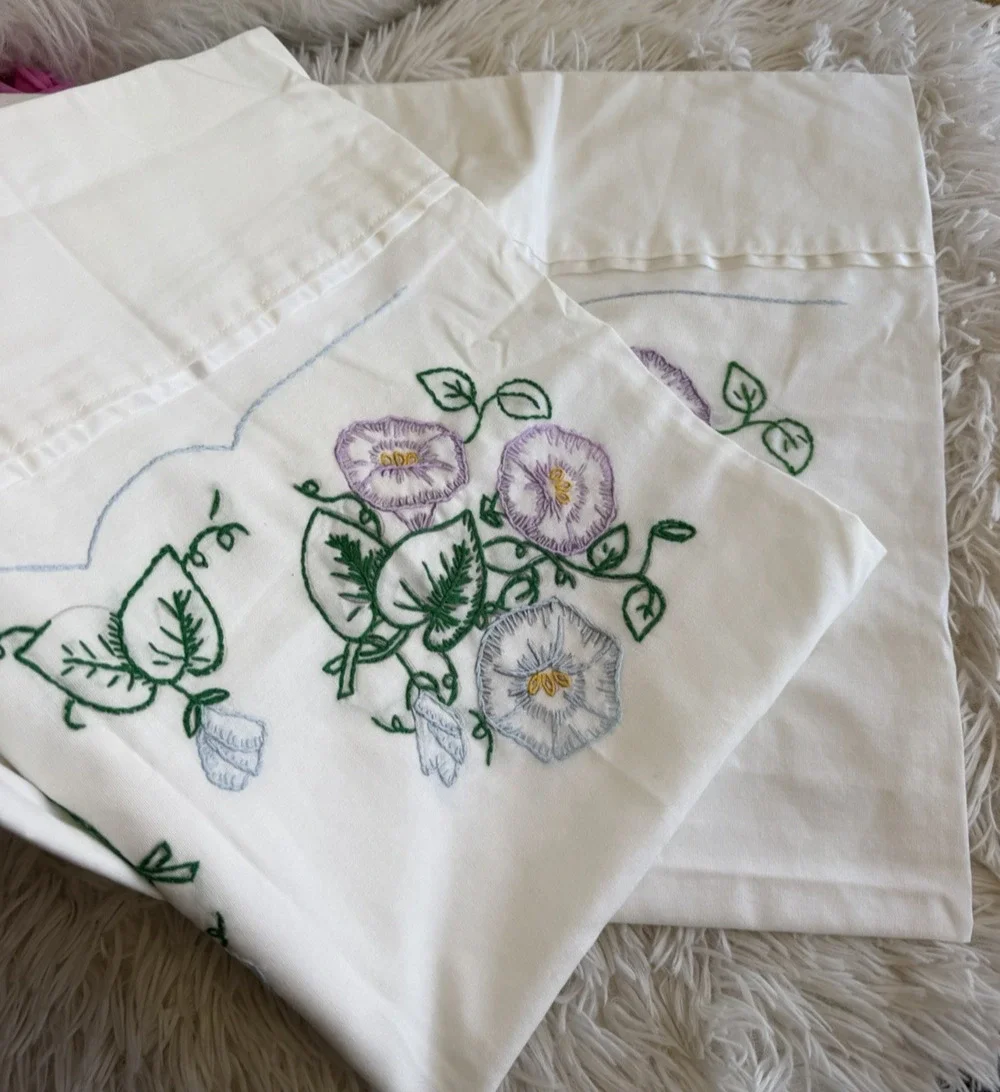 Set of 2 Vintage Handmade Embroidered Pillowcases Roses Flowers Cottage Core